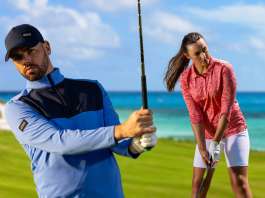 Golfer und Golferin auf dem Golfplatz tragen die PING Frühjahr/Sommer Kollektion