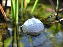 Golfball liegt in einem Wasserhindernis