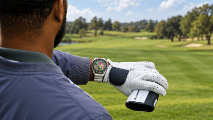 Garmin S72 Golfuhr am handgelenk eines Golfers auf dem Platz